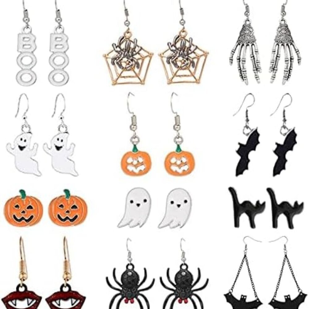 Halloween Earrings for Women Bat Witch Cat Earrings Set Spider Web Pumpkin Skull